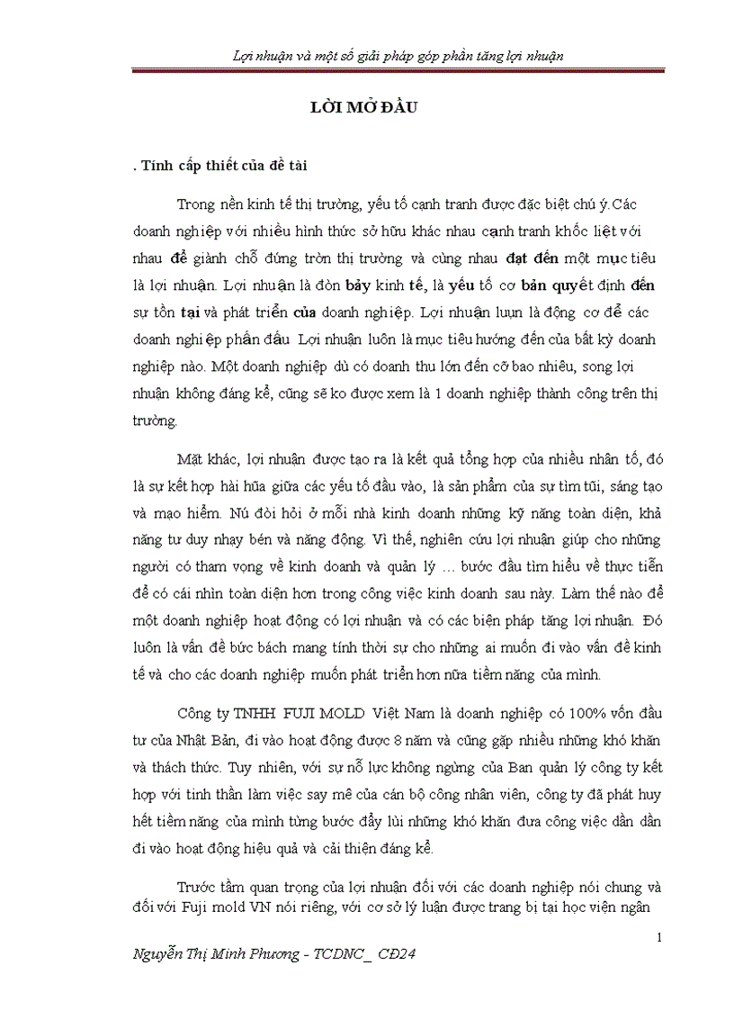 Lợi nhuận và một số giải phấp tài chính góp phần tăng lợi nhuận của công ty TNHH FUJI MOLD Việt Nam