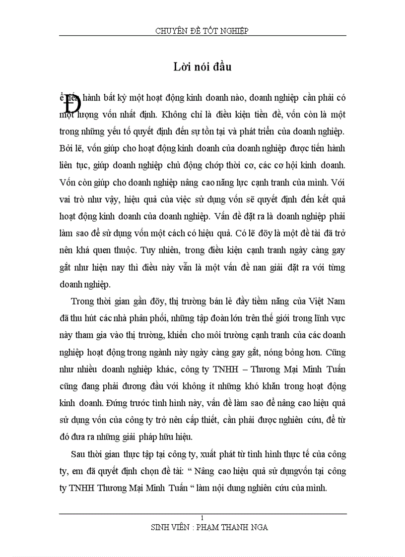 Nâng cao hiệu quả sử dụngvốn tại công ty TNHH Thương Mại Minh Tuấn