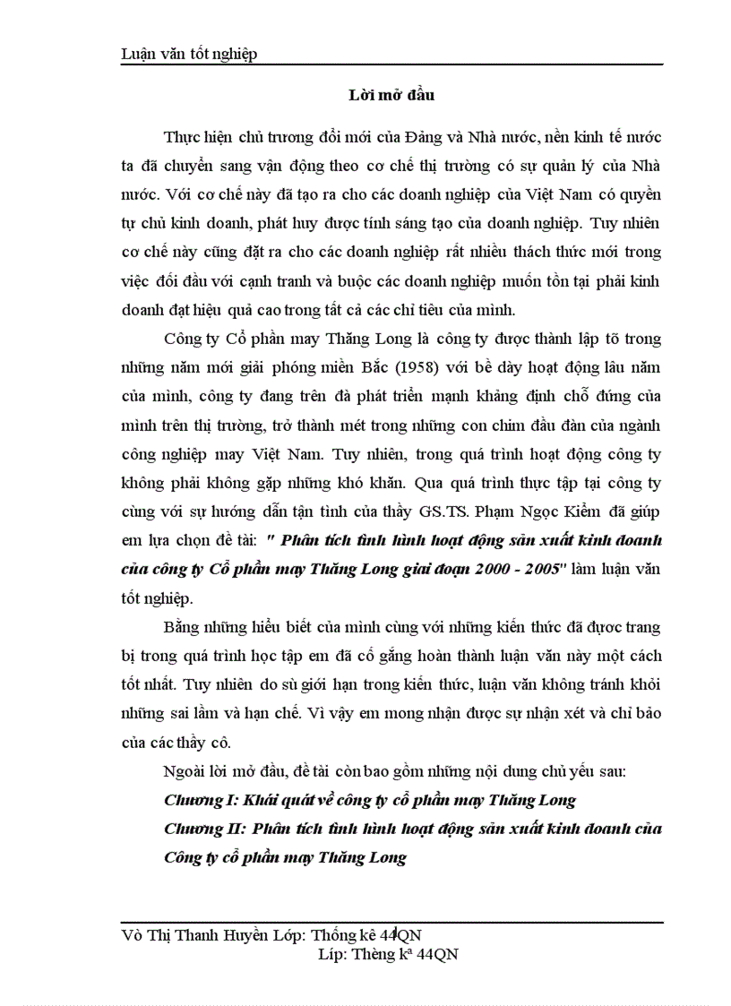 Phân tích tình hình hoạt động sản xuất kinh doanh của công ty Cổ phần may Thăng Long giai đoạn 2000 2005 1