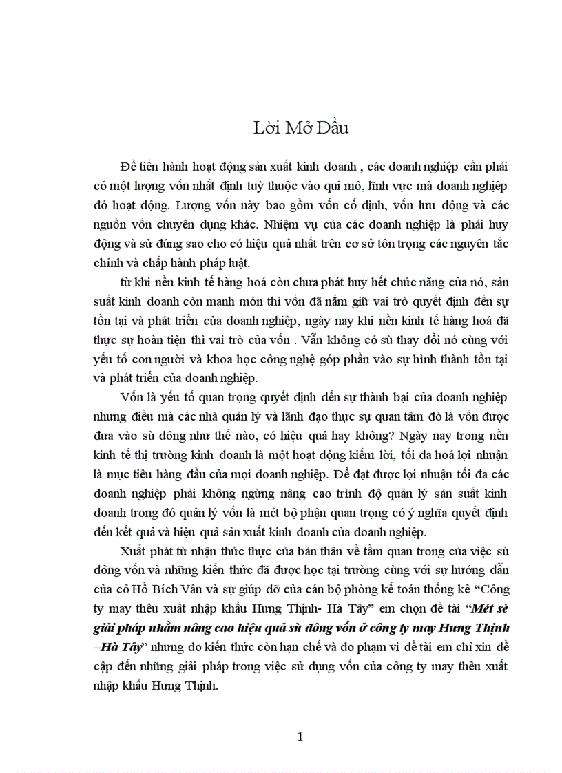 Một số giải pháp nhằm nâng cao hiệu quả sự dụng vốn ở công ty may Hưng Thịnh Hà Tây 1