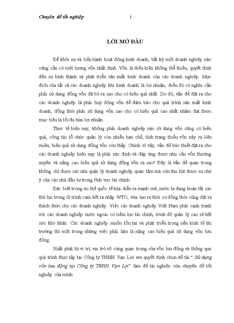 Sử dụng vốn lưu động tại Công ty TNHH Vạn Lợi