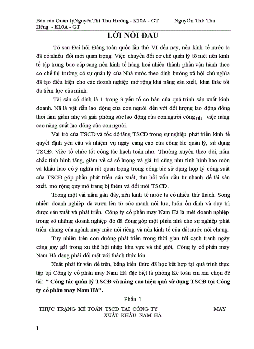 Công tác quản lý TSCĐ và nâng cao hiệu quả sử dụng TSCĐ tại Công ty cổ phần may Nam Hà 1