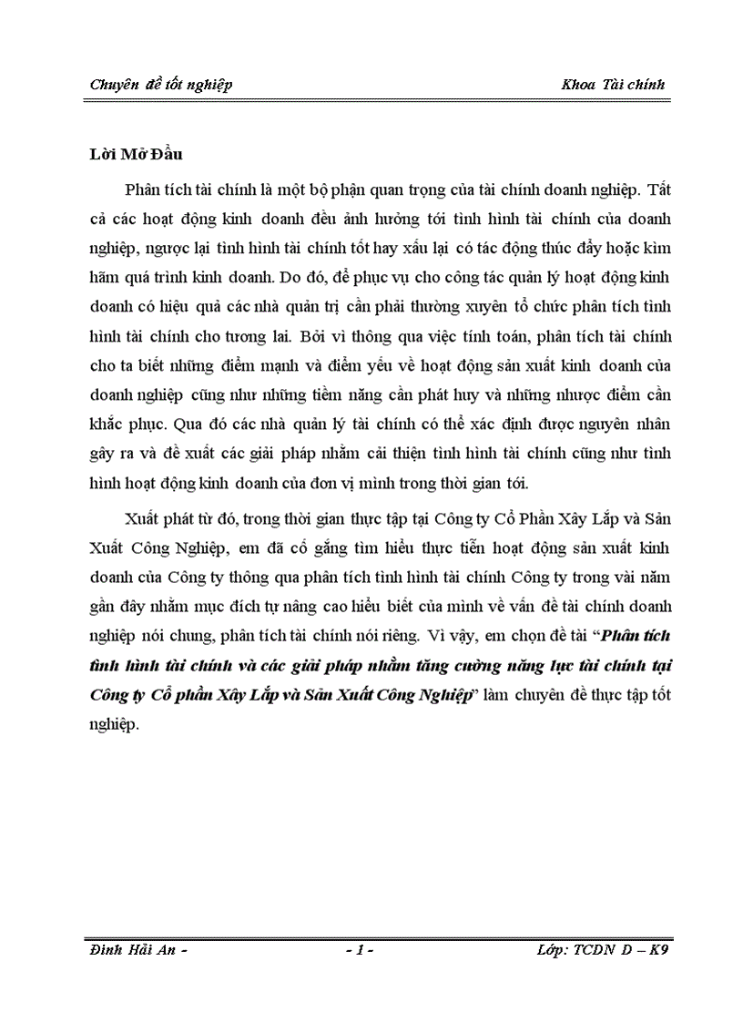 Phân tích tình hình tài chính và các giải pháp nhằm tăng cường năng lực tài chính tại Công ty Cổ phần Xây Lắp và Sản Xuất Công Nghiệp 1