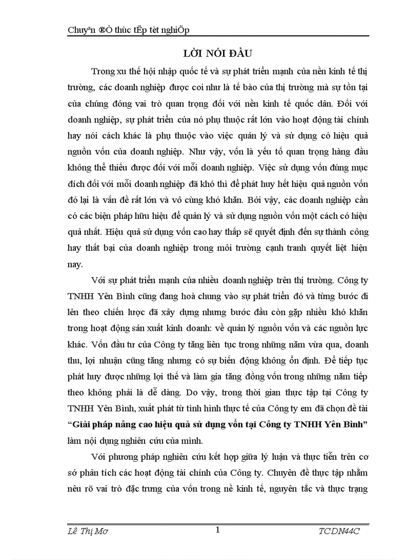Giải pháp nâng cao hiệu quả sử dụng vốn tại Công ty TNHH Yên Bình 1