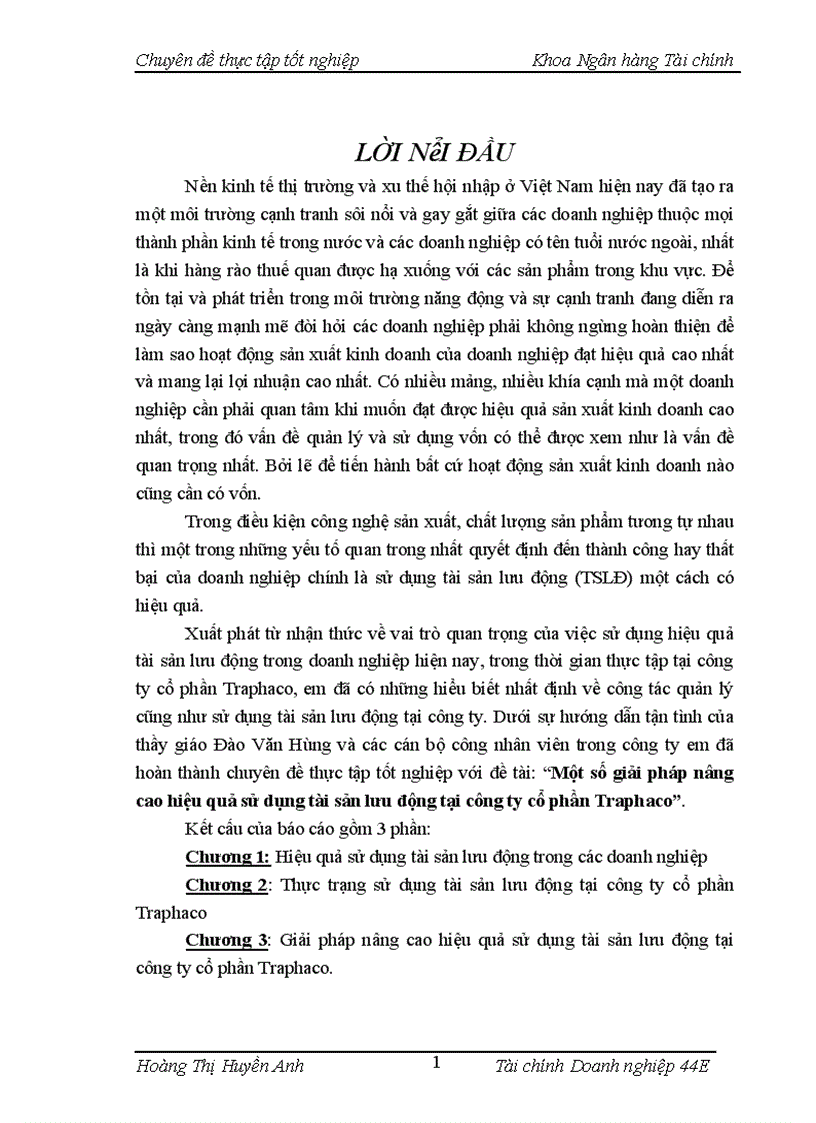 Một số giải pháp nâng cao hiệu quả sử dụng tài sản lưu động tại công ty cổ phần Traphaco 1