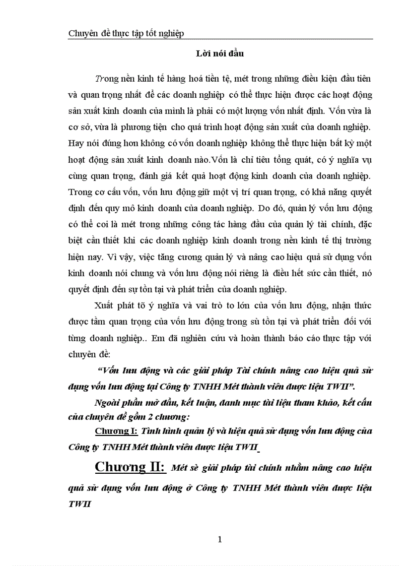 Vốn lưu động và các giải pháp Tài chính nâng cao hiệu quả sử dụng vốn lưu động tại Công ty TNHH Một thành viên dược liệu TWII 1