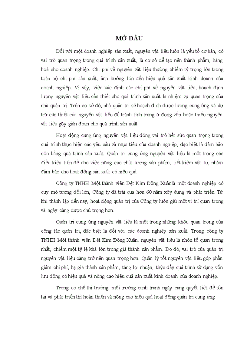 Giải pháp hoàn thiện hoạt động quản trị cung ứng nguyên vật liệu tại công ty TNHH Một thành viên Dệt Kim Đông Xuân