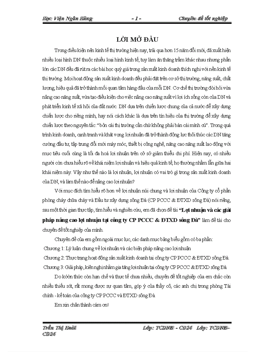 Lợi nhuận và các giải pháp nâng cao lợi nhuận tại công ty CP PCCC ĐTXD sông Đà 1