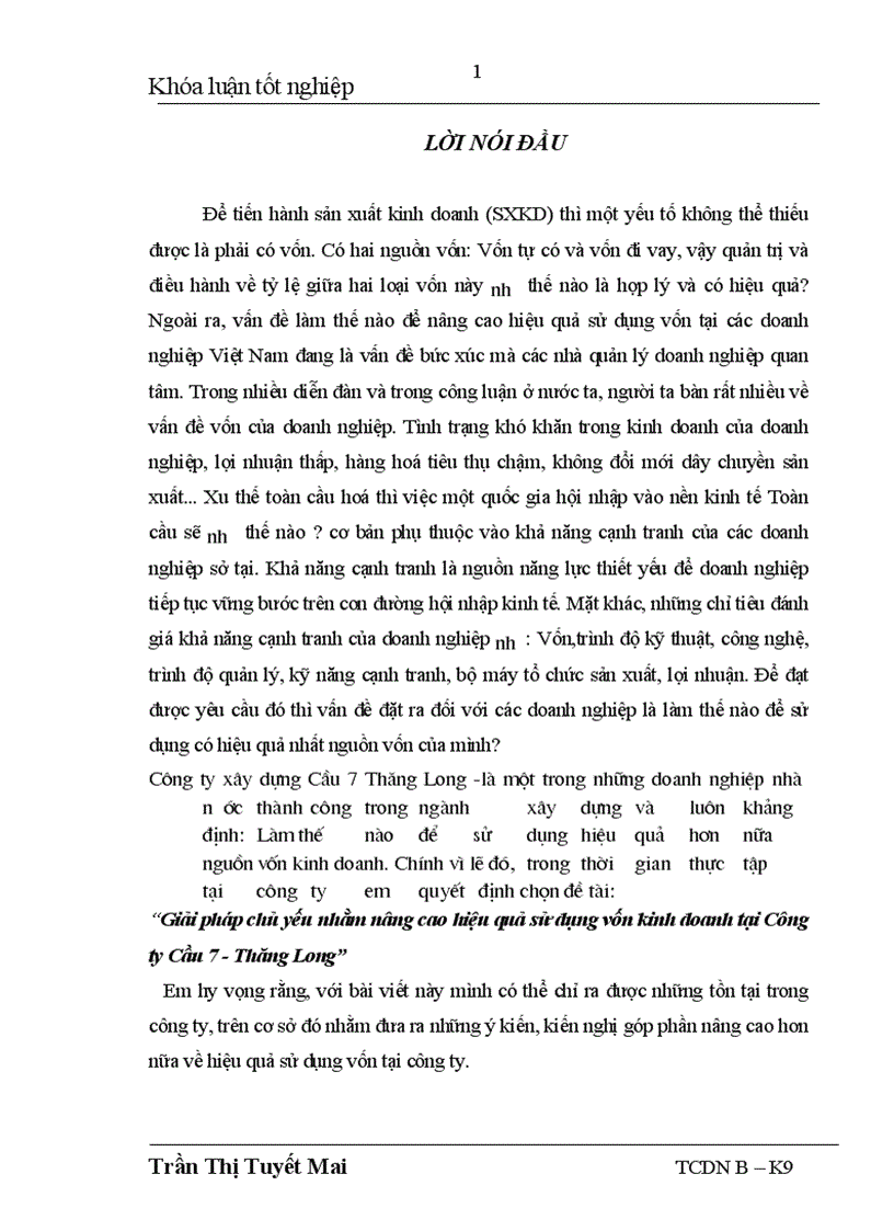 Giải pháp chủ yếu nhằm nâng cao hiệu quả sử dụng vốn kinh doanh tại Công ty Cầu 7 Thăng Long 1