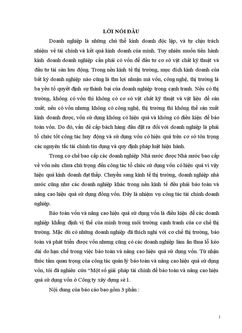 Một số giải pháp tài chính để bảo toàn và nâng cao hiệu quả sử dụng vốn ở Công ty xây dựng số 1