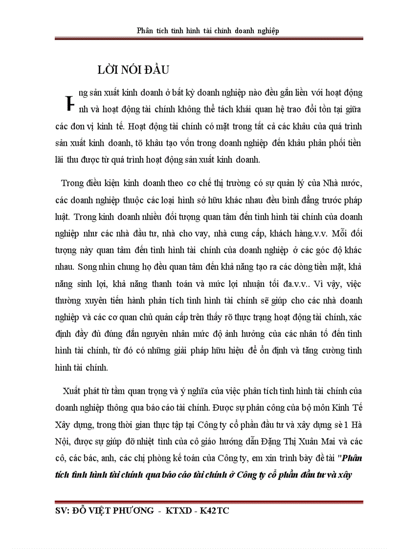 Phân tích tình hình tài chính qua báo cáo tài chính ở Công ty cổ phần đầu tư và xây dựng số 1 Hà Nội