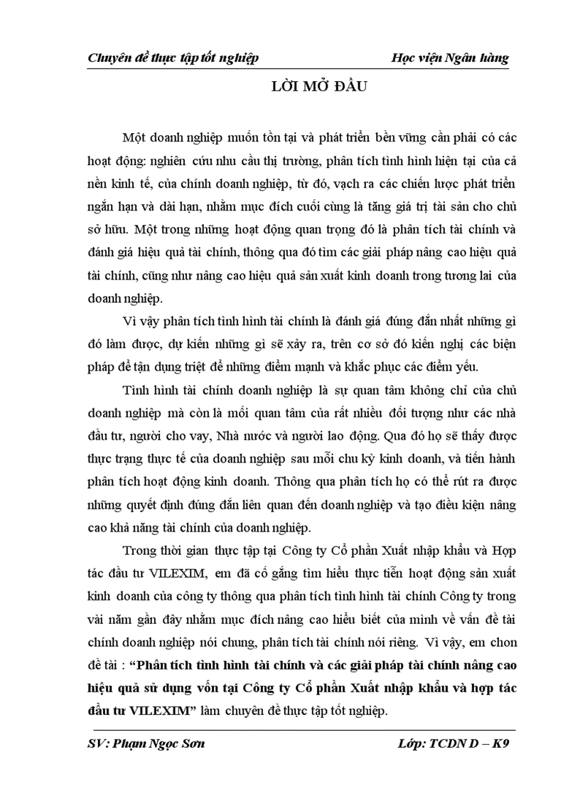 Phân tích tình hình tài chính và các giải pháp tài chính nâng cao hiệu quả sử dụng vốn tại Công ty Cổ phần Xuất nhập khẩu và hợp tác đầu tư VILEXIM 1