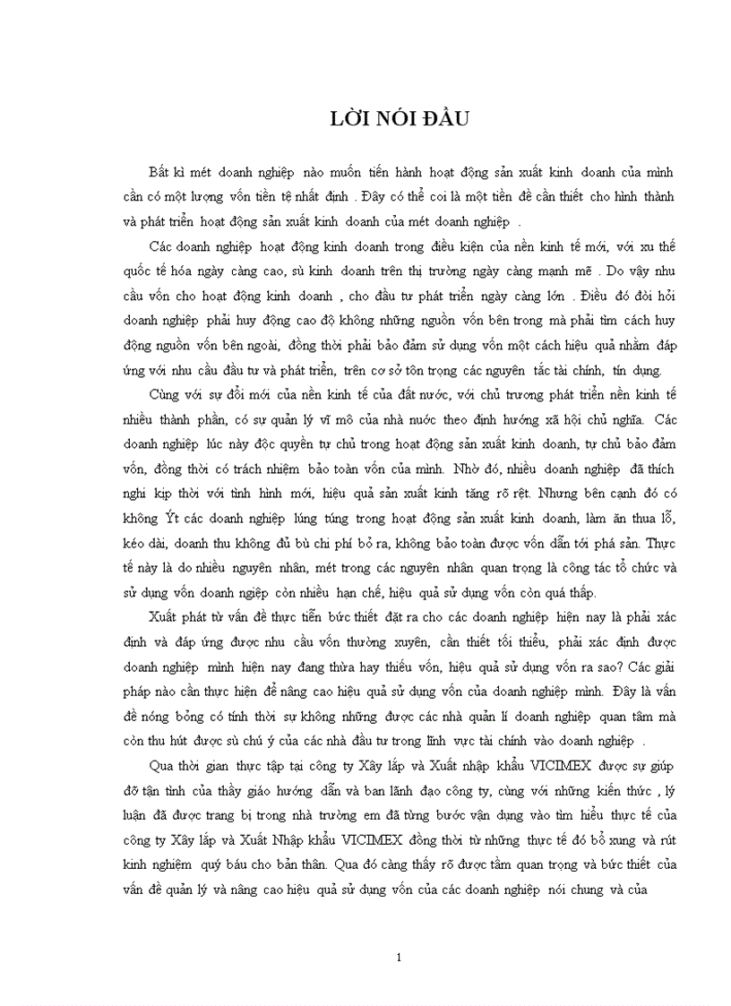 Giải pháp nâng cao hiệu quả sử dụng vốn tại công ty Xây lắp và Xuất nhập khẩu VICIMEX Tổng công ty XD XNK VN VINACONEX 1