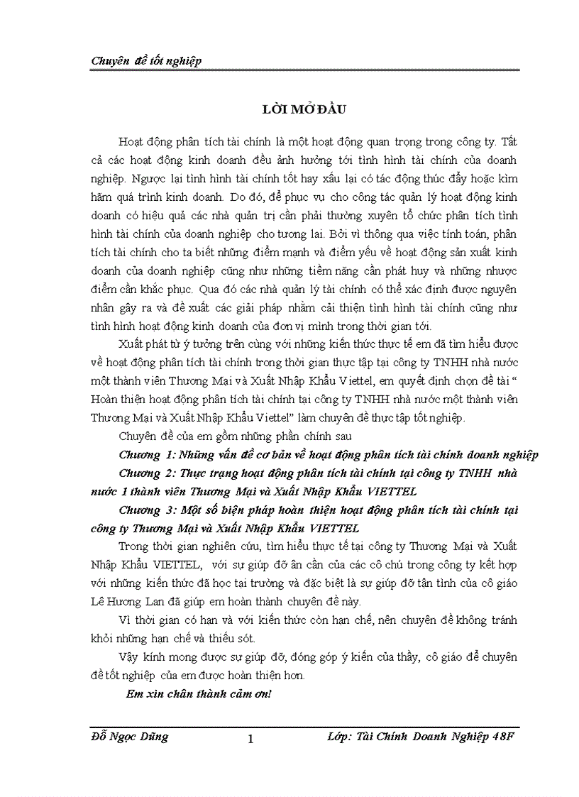Hoàn thiện hoạt động phân tích tài chính tại công ty TNHH nhà nước một thành viên Thương Mại và Xuất Nhập Khẩu Viettel 1
