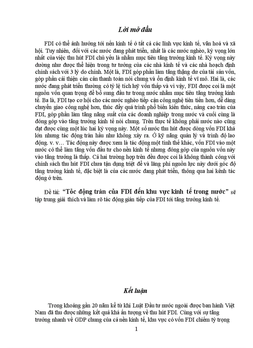 Tác động tràn của FDI đến khu vực kinh tế trong nước 1