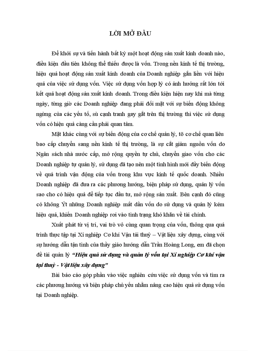 Hiệu quả sử dụng và quản lý vốn tại Xí nghiệp Cơ khí vận tại thuỷ Vật liệu xây dựng 1