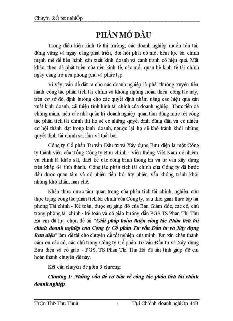 Giải pháp hoàn thiện công tác Phân tích tài chính doanh nghiệp của Công ty Cổ phần Tư vấn Đầu tư và Xây dựng Bưu điện 1