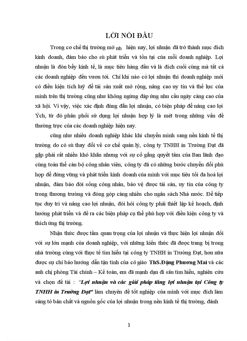 Lợi nhuận và các giải pháp tăng lợi nhuận tại Công ty TNHH in Trường Đạt 1