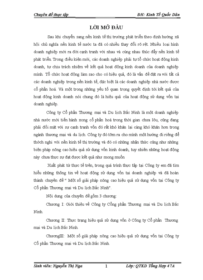 Một số giải pháp nâng cao hiệu quả sử dụng vốn tại Công ty Cổ phần Thương mại và Du lịch Bắc Ninh 1