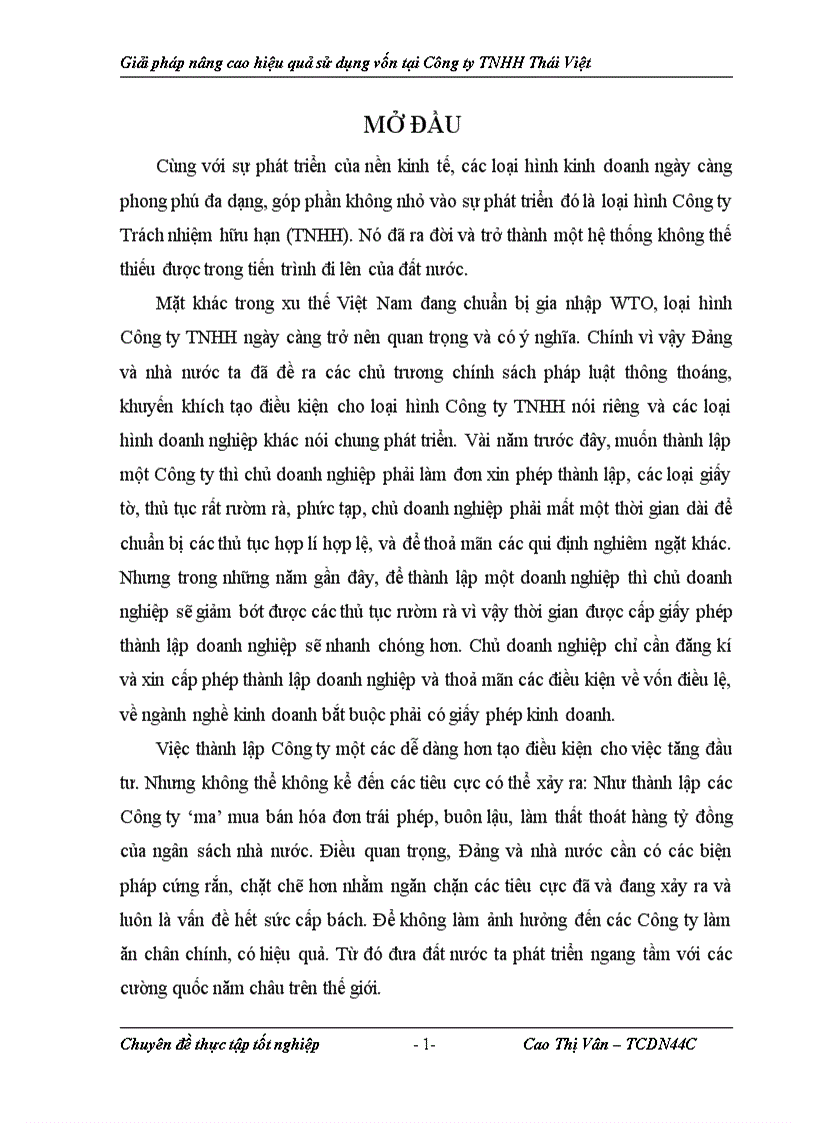 Giải pháp nâng cao hiệu quả sử dụng vốn tại công ty tnhh thái việt 1