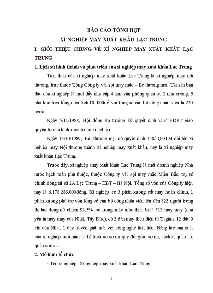 Báo cáo tổng hợp tại Xí nghiệp may xuất khẩu Lạc Trung