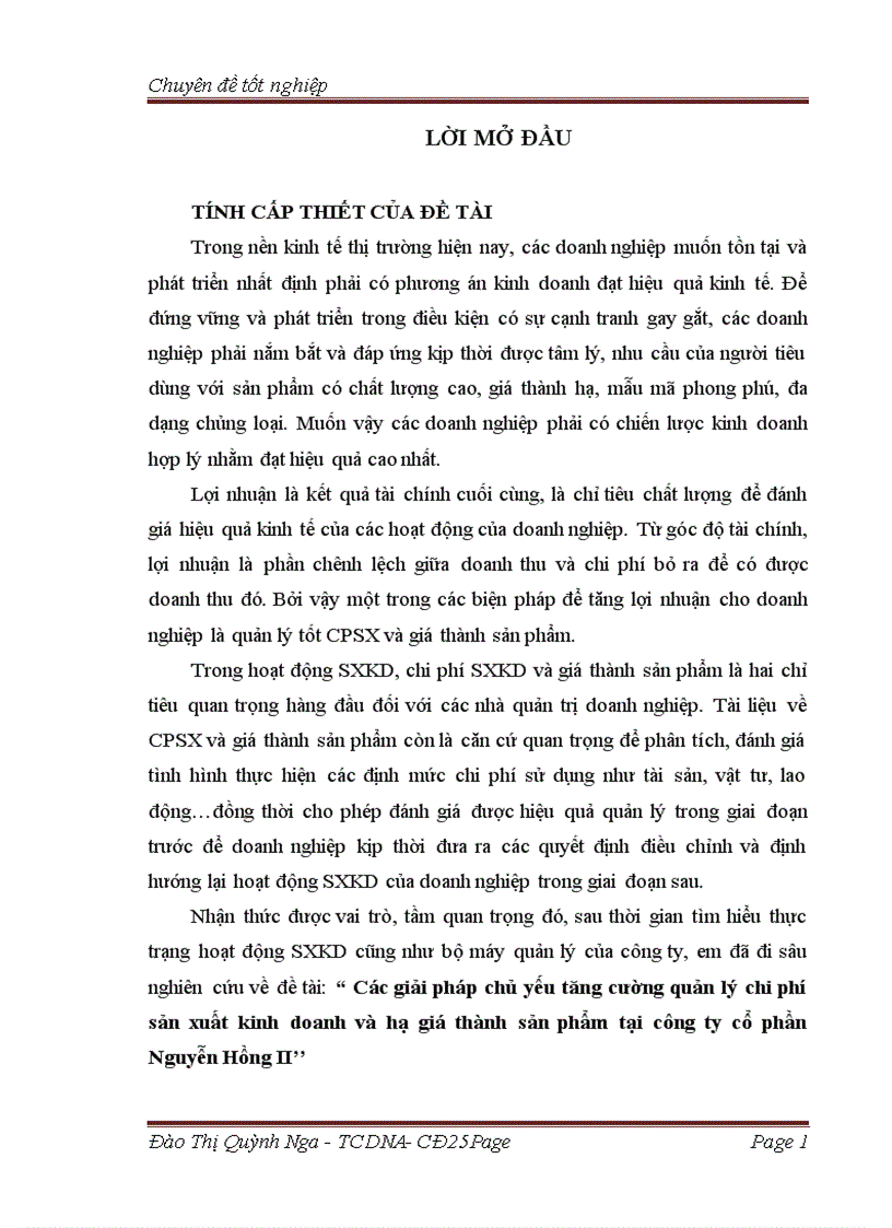 Các giải pháp chủ yếu tăng cường quản lý chi phí sản xuất kinh doanh và hạ giá thành sản phẩm tại công ty cổ phần Nguyễn Hồng II 1