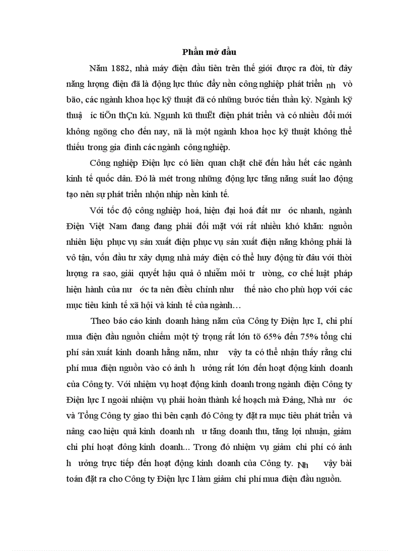 Nghiên cứu thực trạng và sự tác động của chi phí mua điện đầu nguồn đến hoạt động kinh doanh tại Công ty Điện lực I