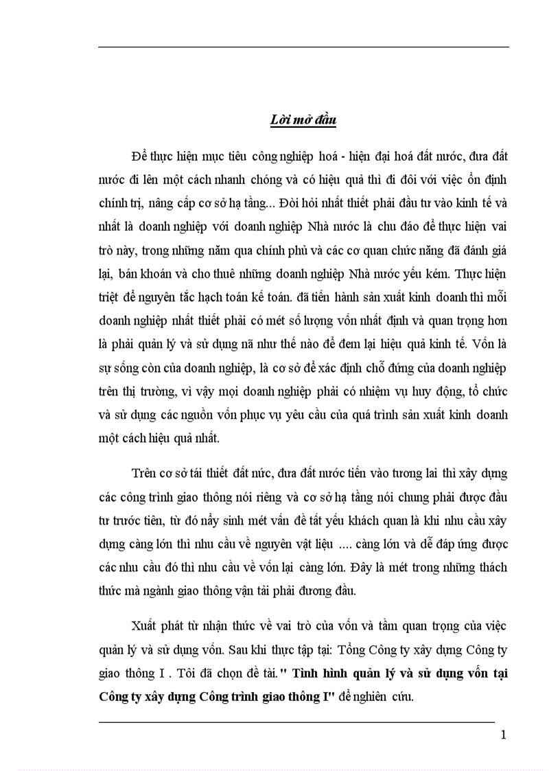 Tình hình quản lý và sử dụng vốn tại Công ty xây dựng Công trình giao thông I 1