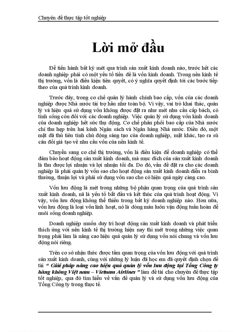 Giải pháp nâng cao hiệu quả quản lý vốn lưu động tại Tổng Công ty hàng không Việt nam Vietnam Airlines 1