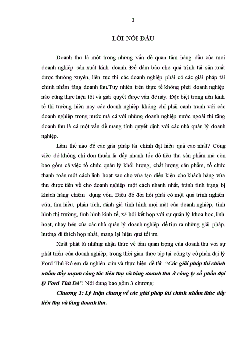 Các giải pháp tài chính nhằm đẩy mạnh công tác tiêu thụ và tăng doanh thu ở công ty cổ phần đại lý Ford Thủ Đô 1