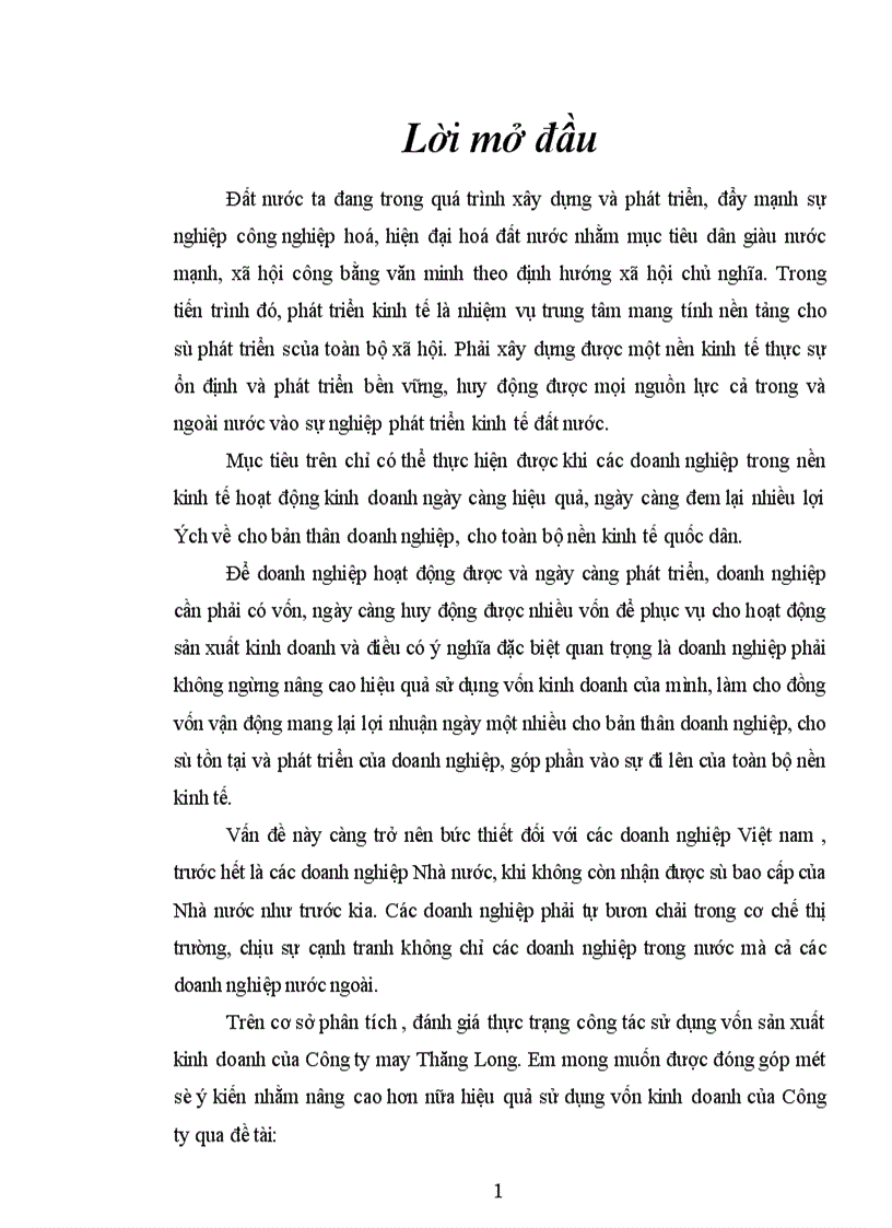 Vốn kinh doanh và các phương hướng biện pháp cơ bản nâng cao hiệu quả sử dụng vốn kinh doanh ở Công ty may Thăng Long Hà Nội 1
