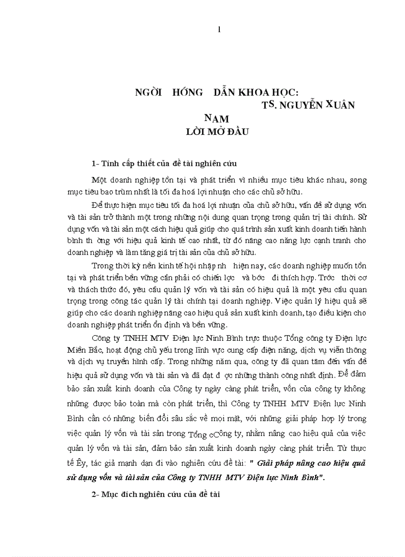 Giải pháp nâng cao hiệu quả sử dụng vốn và tài sản của Công ty TNHH MTV Điện lực Ninh Bình
