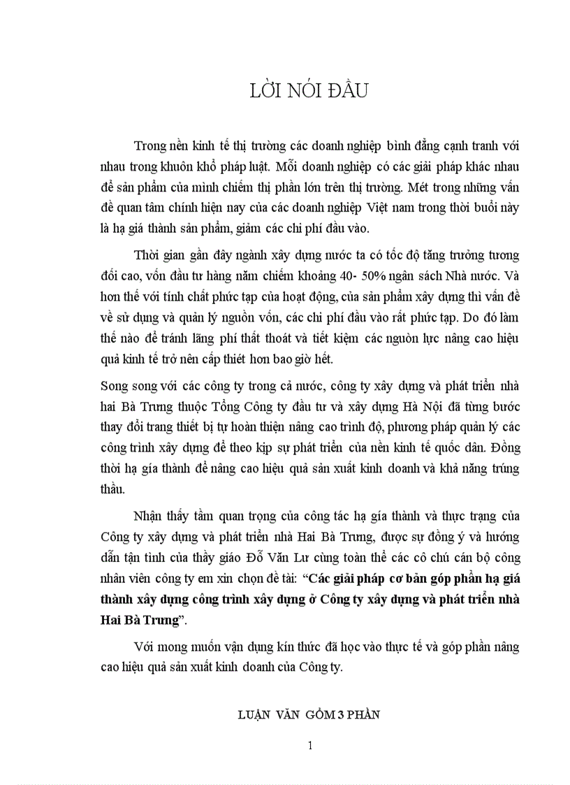 Các giải pháp cơ bản góp phần hạ giá thành xây dựng công trình xây dựng ở Công ty xây dựng và phát triển nhà Hai Bà Trưng