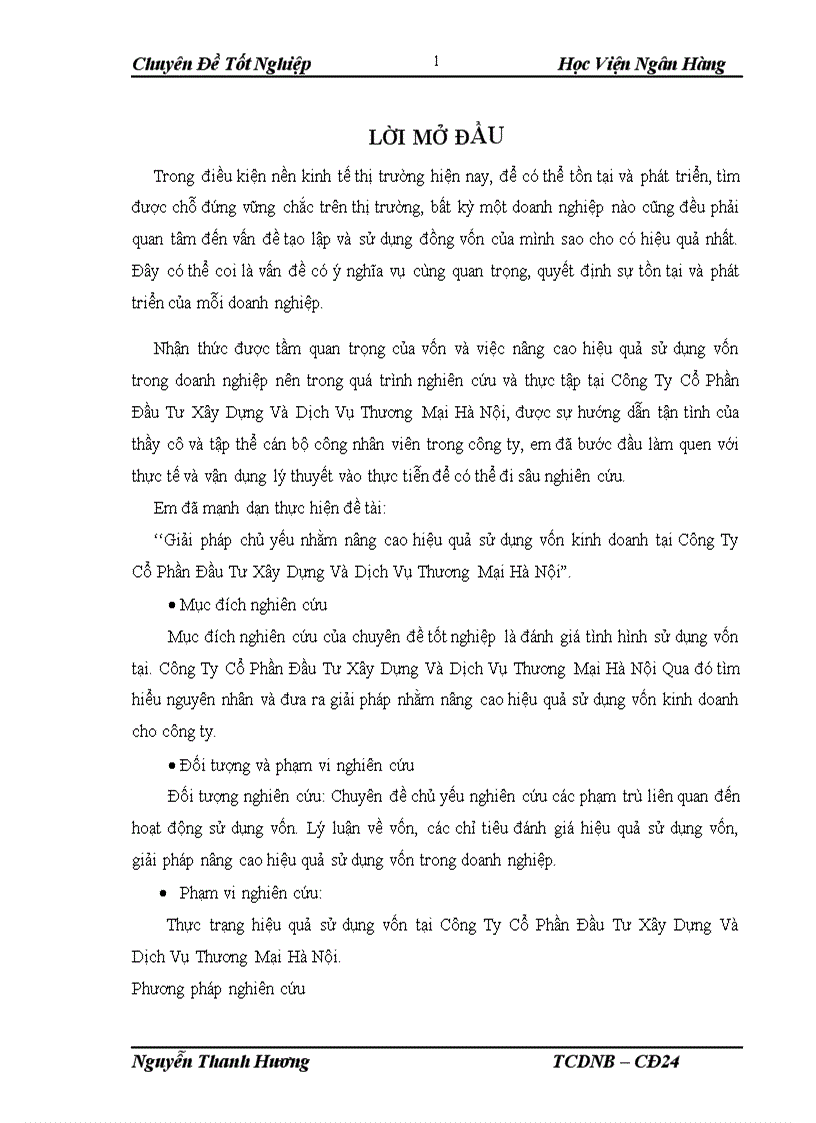 Giải pháp chủ yếu nhằm nâng cao hiệu quả sử dụng vốn kinh doanh tại Công Ty Cổ Phần Đầu Tư Xây Dựng Và Dịch Vụ Thương Mại Hà Nội 1