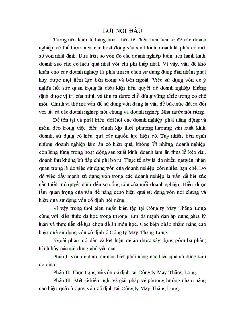 Các biện pháp nhằm nâng cao hiệu quả sử dụng vốn cố định ở Công ty May Thăng Long 1