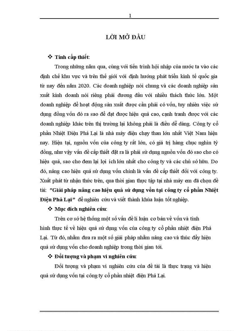 Giải pháp nâng cao hiệu quả sử dụng vốn tại công ty cổ phần Nhiệt Điện Phả Lại 1