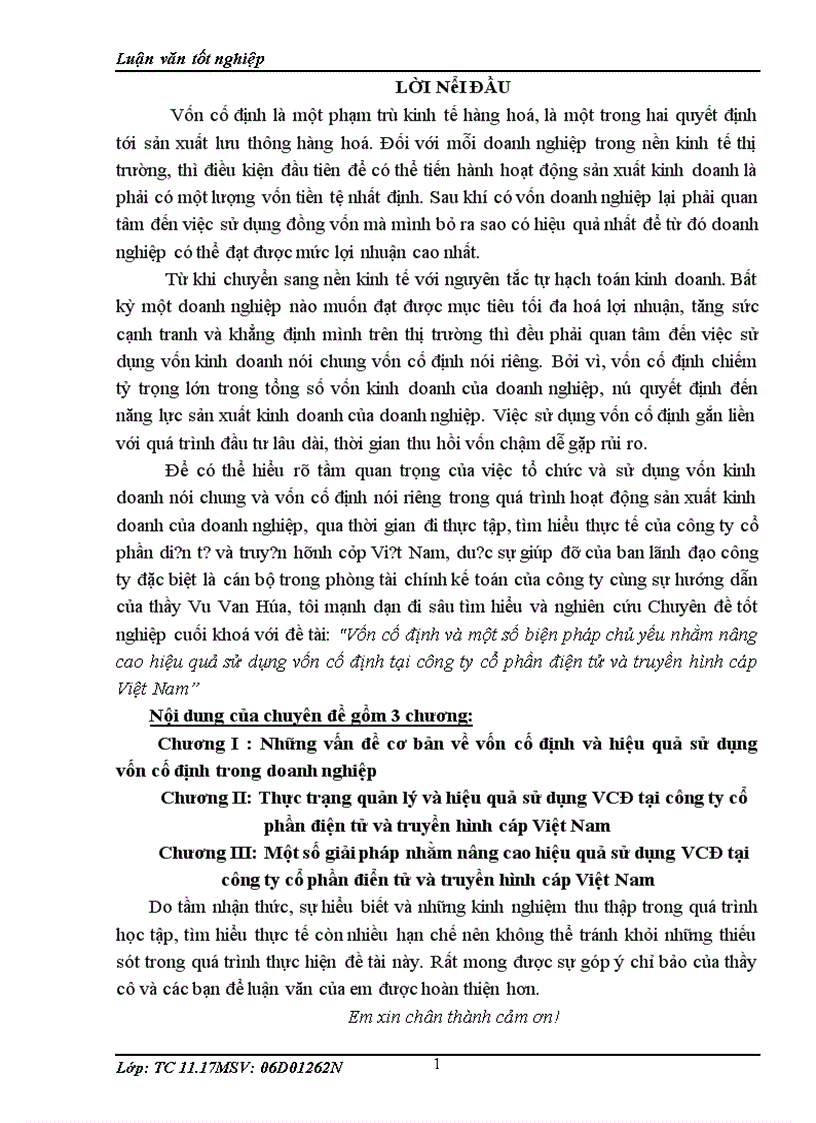 Một số giải pháp nhằm nâng cao hiệu quả sử dụng VCĐ tại công ty cổ phần điển tử và truyền hình cáp Việt Nam 1