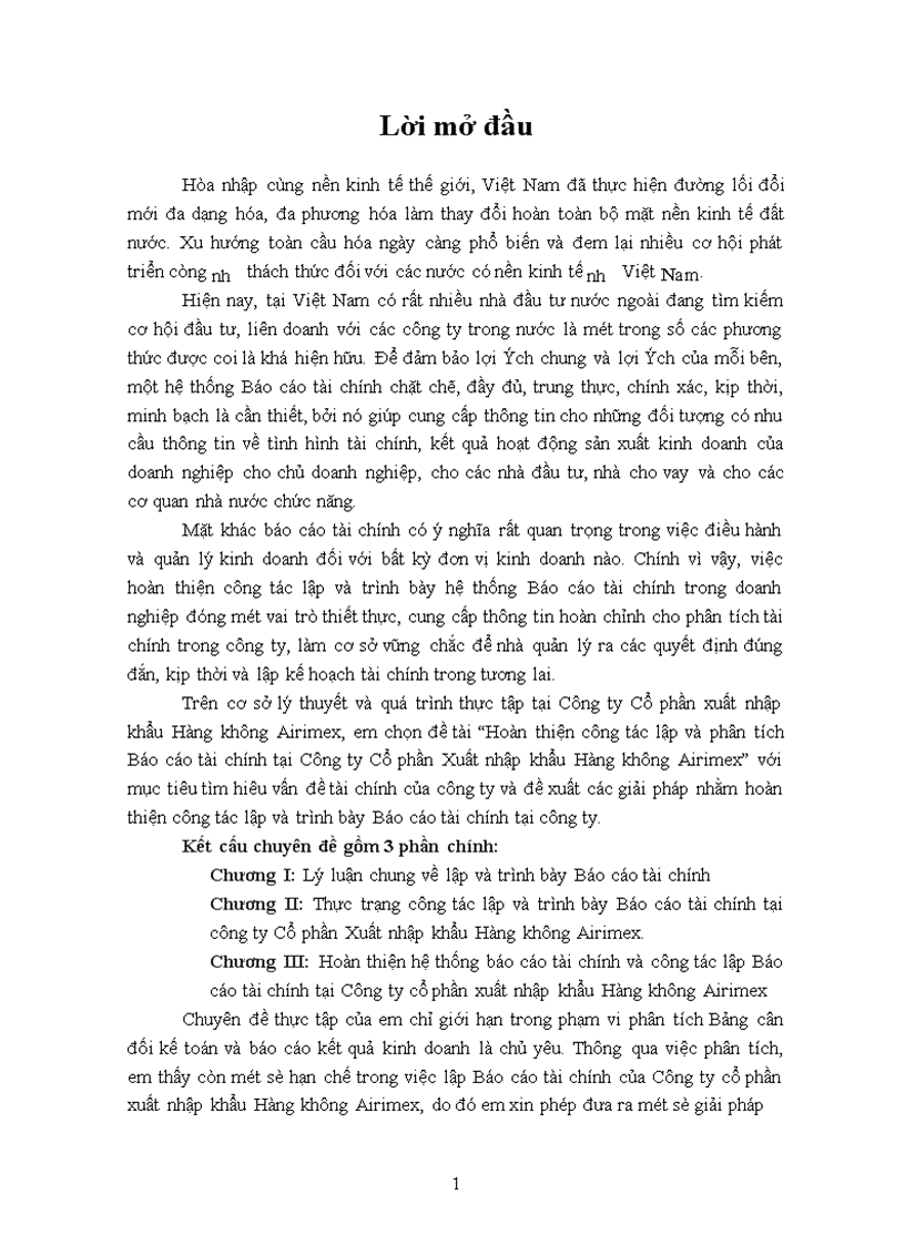 Hoàn thiện công tác lập và phân tích Báo cáo tài chính tại Công ty Cổ phần Xuất nhập khẩu Hàng không Airimex 1