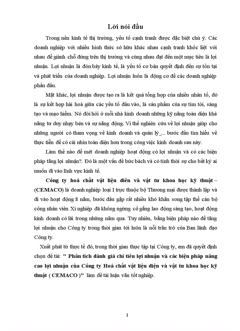 Phân tích đánh giá chỉ tiêu lợi nhuận và các biện pháp nâng cao lợi nhuận của Công ty Hoá chất vật liệu điện và vật tư khoa học kỹ thuật CEMACO 1