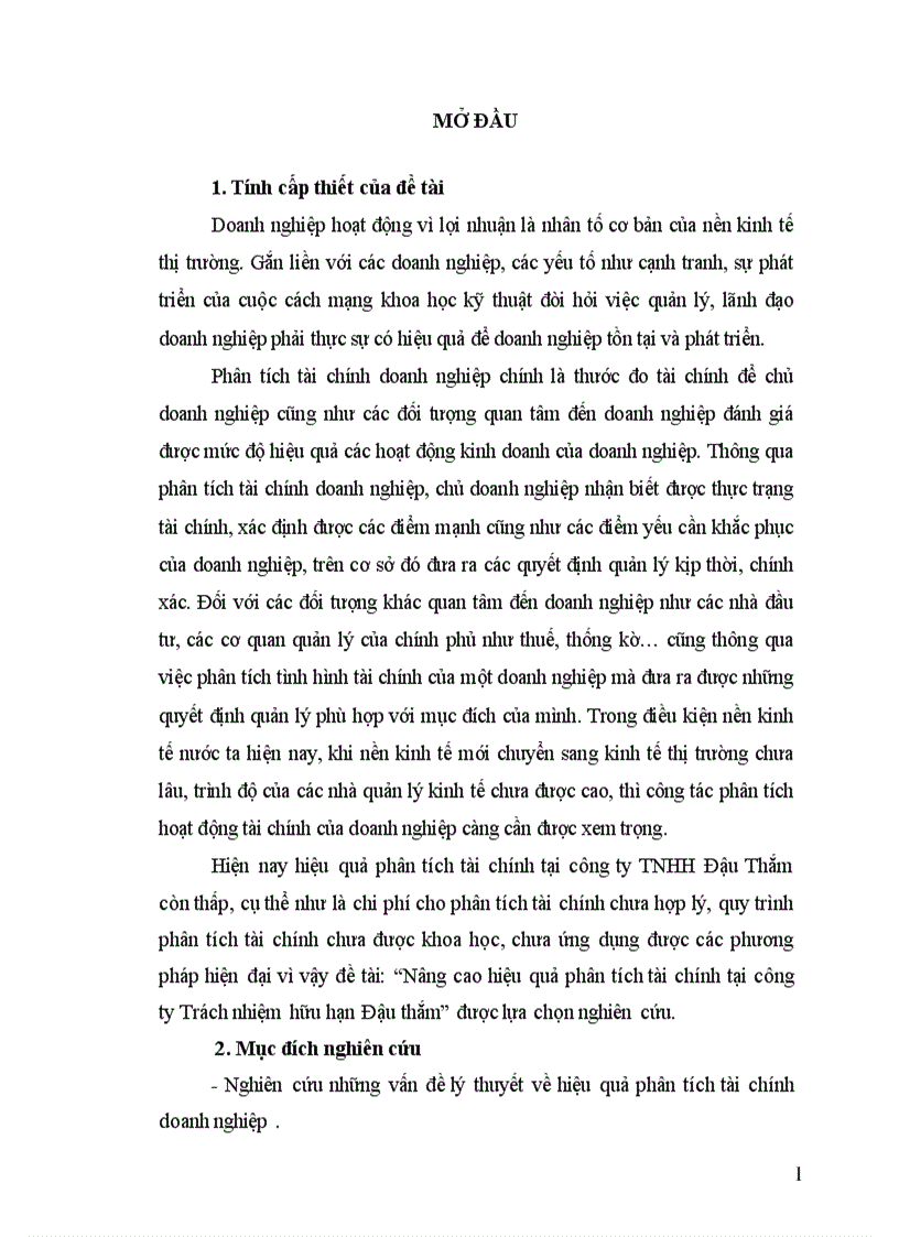 Nâng cao hiệu quả phân tích tài chính tại công ty Trách nhiệm hữu hạn Đậu thắm 1