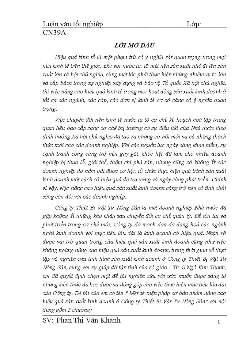Một số biện pháp cơ bản nhằm nâng cao hiệu quả sản xuất kinh doanh ở Công Ty Thiết Bị Vật Tư Nông Sản 1