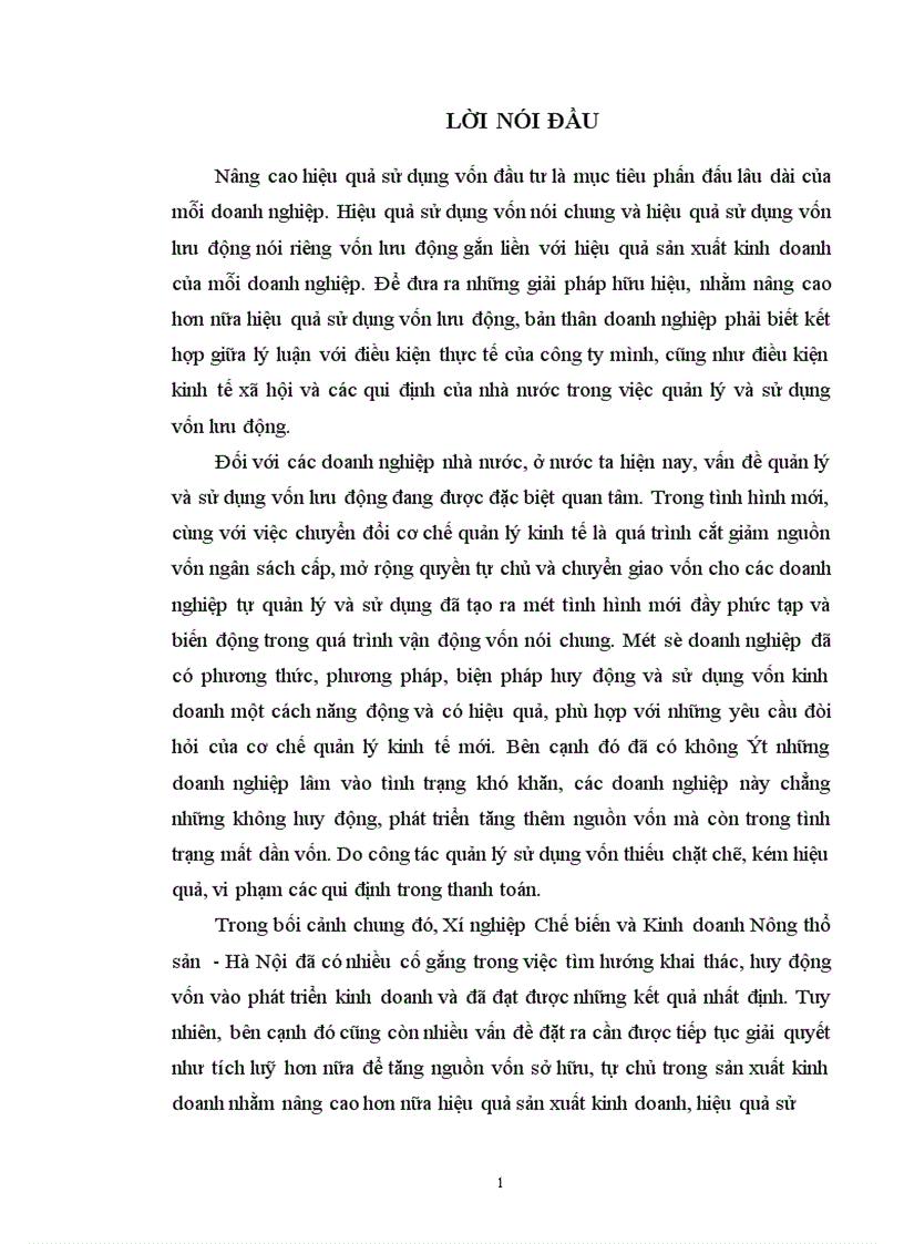 Vốn lưu động và các biện pháp nâng cao hiệu quả sử dụng vốn lưu động tại Xí nghiệp Chế biến và Kinh doanh Nông thổ sản Hà Nội 1