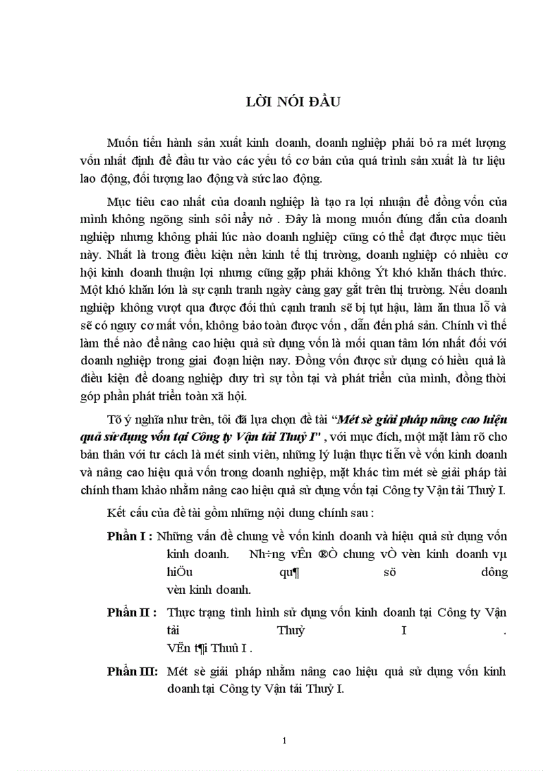 Một số giải pháp nâng cao hiệu quả sử dụng vốn tại Công ty Vận tải Thuỷ I 1