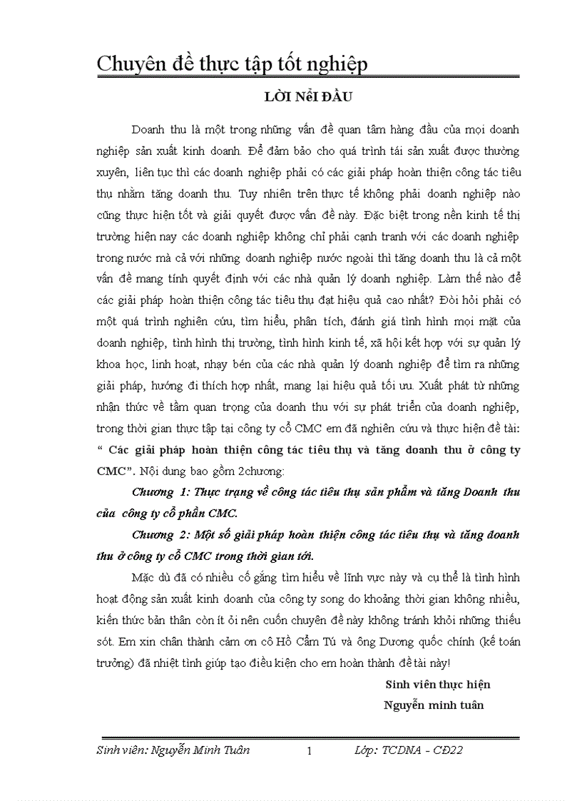 Các giải pháp hoàn thiện công tác tiêu thụ và tăng doanh thu ở công ty CMC 1