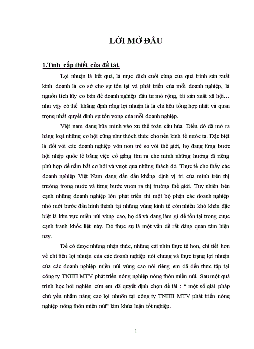 Một số giải pháp chủ yếu nhằm nâng cao lợi nhuân tại công ty TNHH MTV phát triển nông nghiệp nông thôn miền núi