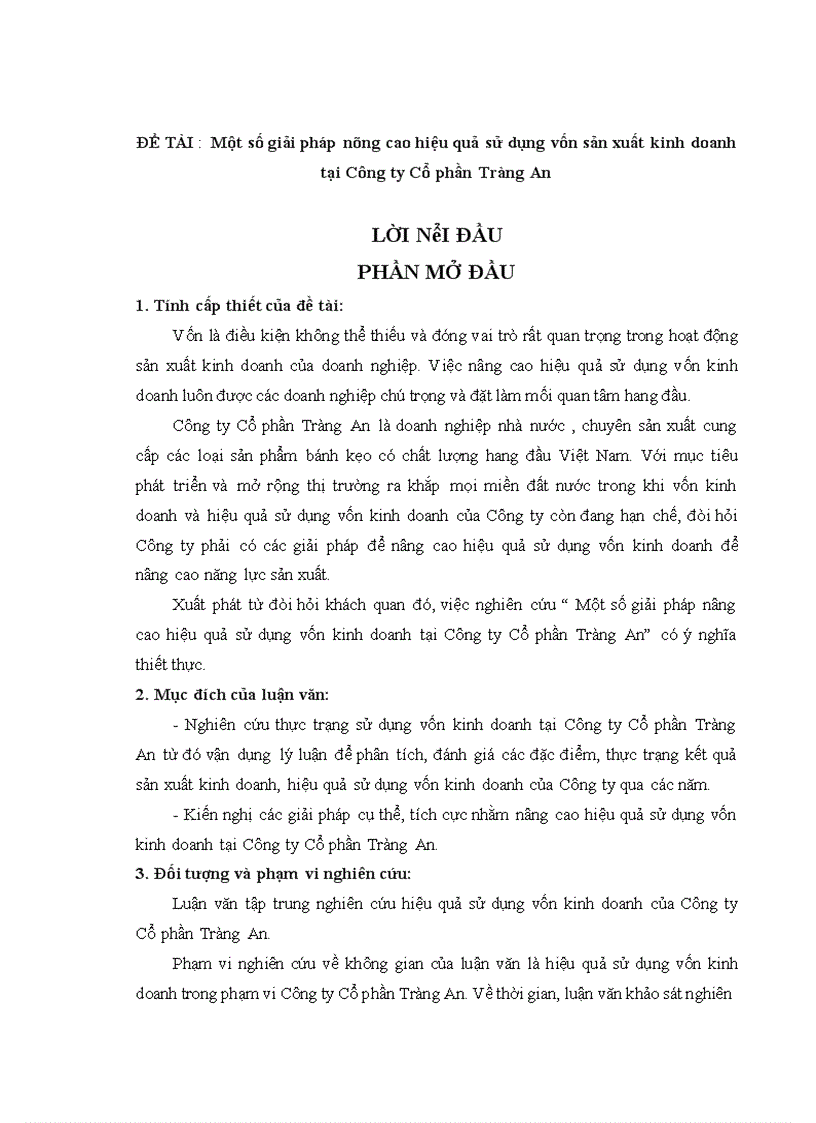 Một số giải pháp nâng cao hiệu quả sử dụng vốn kinh doanh tại Công ty Cổ phần Tràng An
