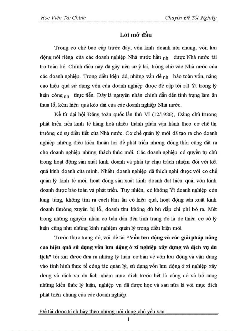 Vốn lưu động và các giải pháp nâng cao hiệu quả sử dụng vốn lưu động ở xí nghiệp xây dựng và dịch vụ du lịch 1