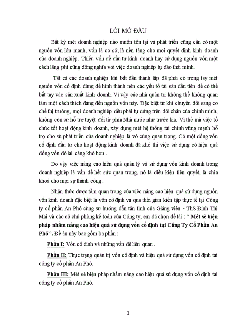 Một số biện pháp nhằm nâng cao hiệu quả sử dụng vốn cố định tại Công Ty Cổ Phần An Phú 1