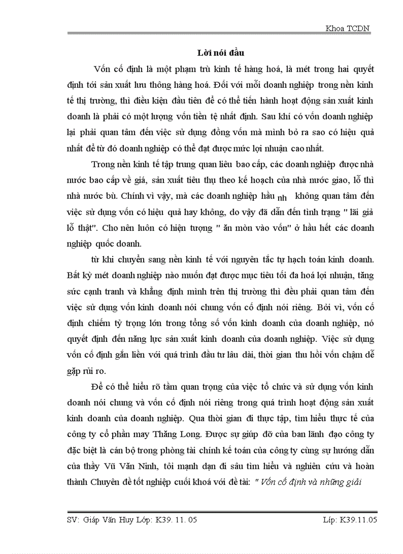 Vốn cố định và những giải pháp để góp phần nâng cao hiệu quả sử dụng vốn cố định của công ty cổ phần may Thăng Long 1