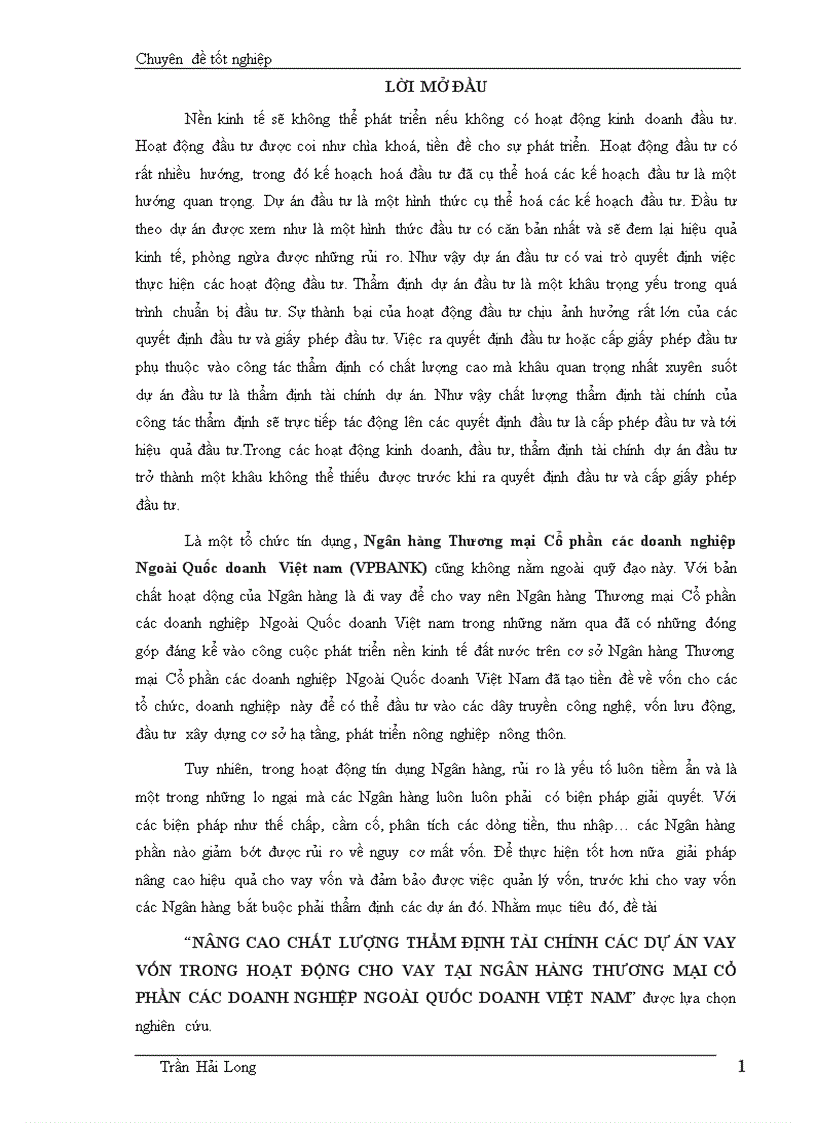 Nâng cao chất lượng thẩm định tài chính các dự án vay vốn trong hoạt động cho vay tại ngân hàng thương mại cổ phần các doanh nghiệp ngoài quốc doanh việt nam 1
